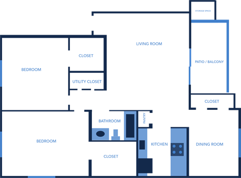 Floor plan for 2 beds, 1 bath, 965 sqft